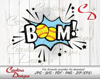May include: A blue and white comic book style graphic with the word "BOOM!" in black letters. Two yellow and red softball balls are in the center of the graphic.
