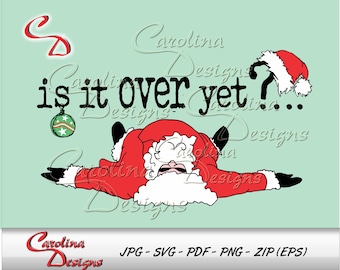May include: A red and white Santa Claus is lying on his back with his arms outstretched and a Christmas ornament hanging above him. The text "is it over yet?" is written in black letters above him.