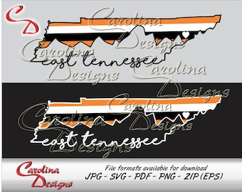 May include: An orange, black, and white striped outline of the state of Tennessee with the text "Carolina Designs east tennessee" in white. The outline is repeated twice, once on a gray background and once on a black background.
