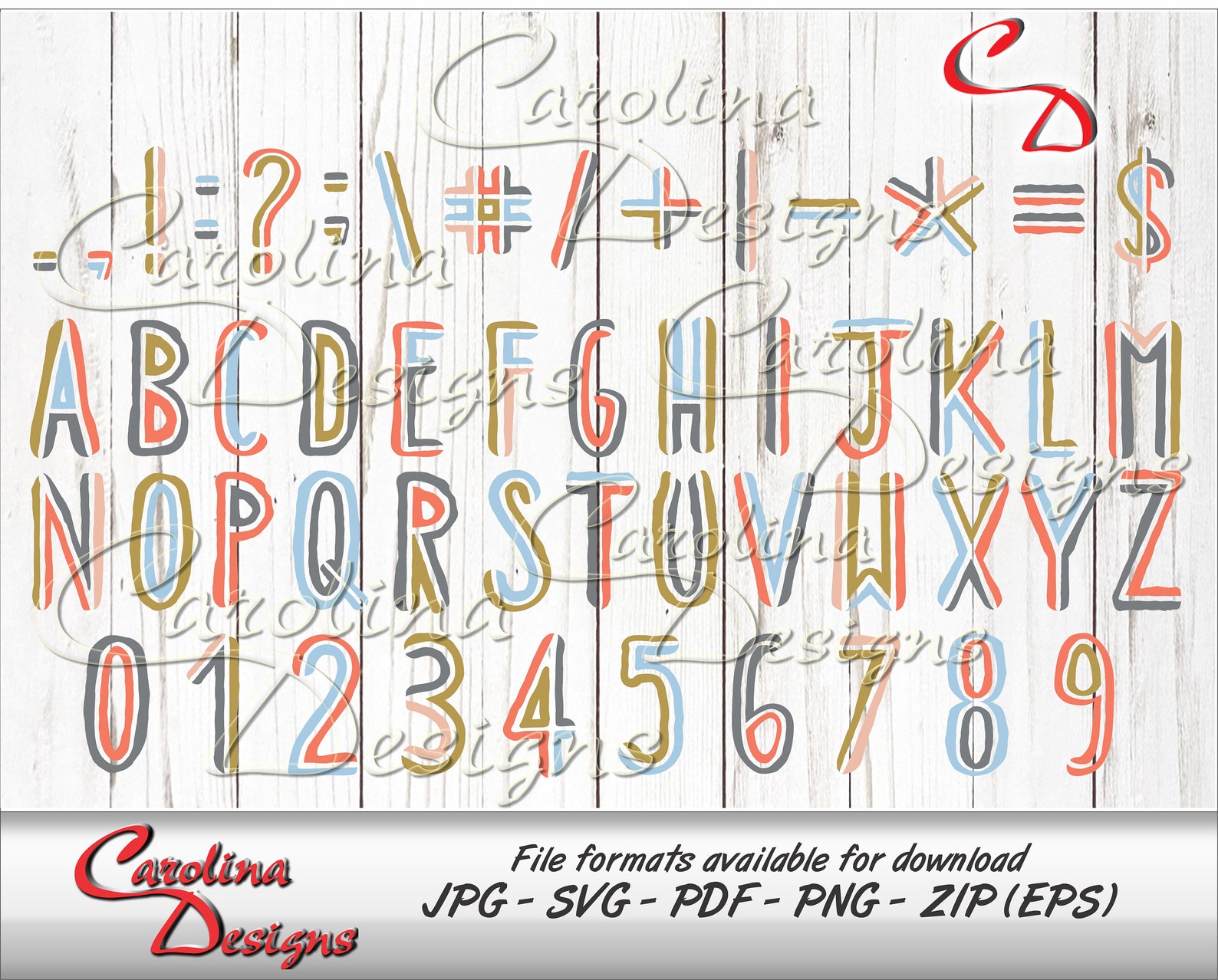 English Lettering Multicolor Multi Color Lettering Hand Drawn Alphabet, Numbers, Common Punctuation ...