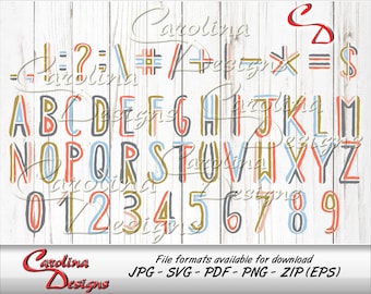 May include: A colorful alphabet and number font with a retro style. The letters and numbers are outlined in black and filled with various colors, including red, blue, yellow, and gray. The font is displayed on a white woodgrain background.