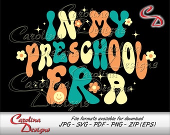 May include: A colorful graphic design with the text "In My Preschool Era" in a retro style with a yellow, orange, and teal color scheme.