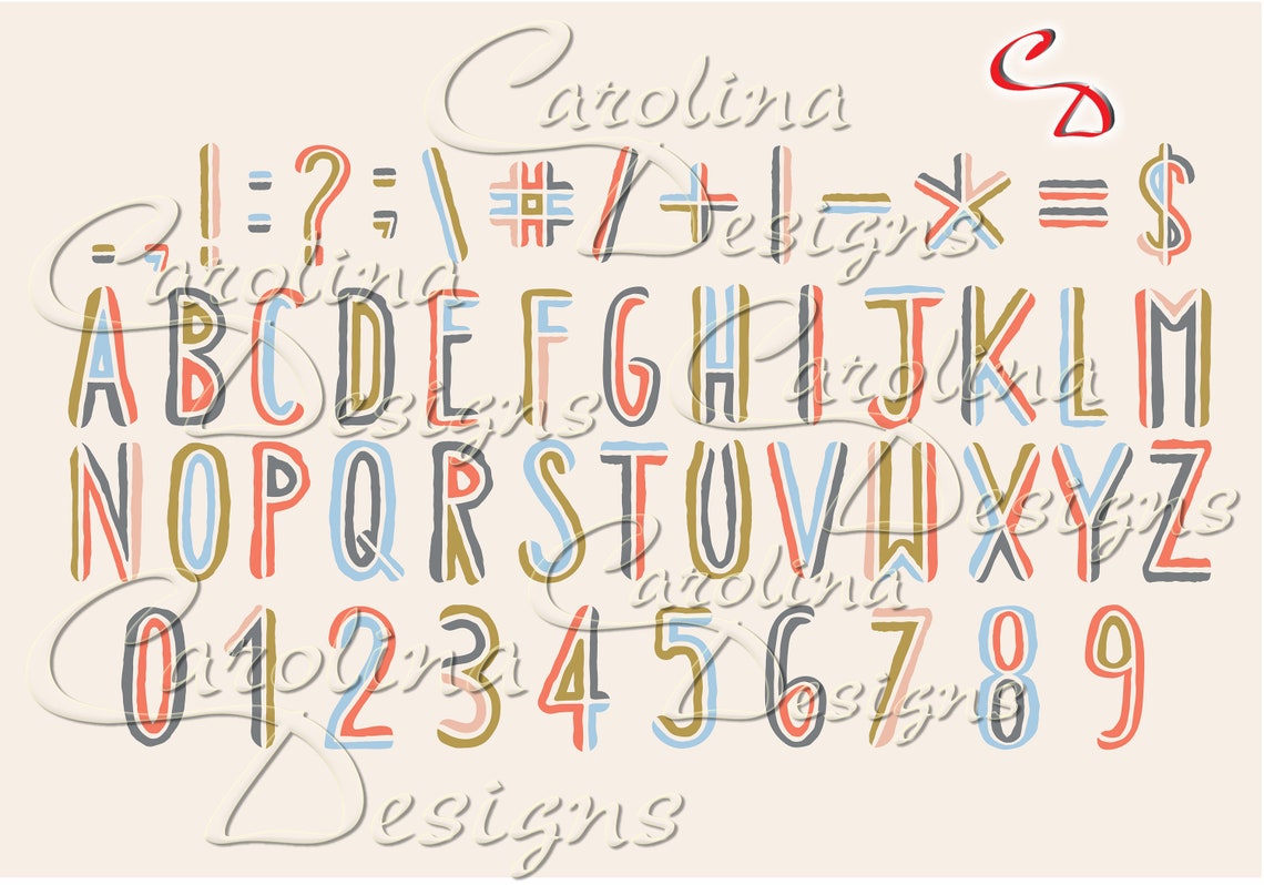 English Lettering Multicolor Multi Color Lettering Hand Drawn Alphabet, Numbers, Common Punctuation ...