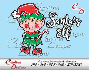 May include: A cartoon illustration of Santa's elf. The elf is wearing a red hat, green shirt, and striped pants. The elf is holding a candy cane. The text "Santa's Elf" is written in a festive font.