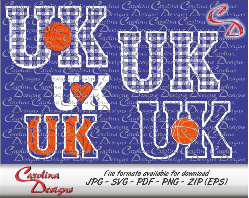 May include: White letters spelling "UK" with a checkered pattern. The letters are surrounded by orange basketballs. The background is a solid blue color.