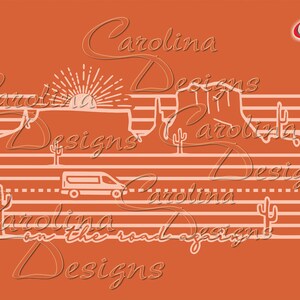 May include: A white silhouette of a van driving on a road with a desert landscape in the background. The sun is setting over the mountains. The text "Carolina Designs on the road designs" is written in white on the bottom of the image.