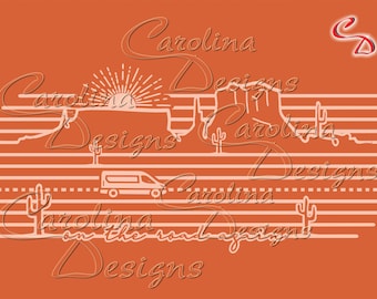 May include: A white silhouette of a van driving on a road with a desert landscape in the background. The sun is setting over the mountains. The text "Carolina Designs on the road designs" is written in white on the bottom of the image.