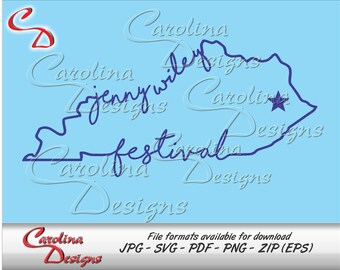 May include: A light blue graphic featuring a dark blue outline of the state of Kentucky with the words "Jenny Wiley Festival" in cursive. A star is placed within the state outline. The image also includes the text "Carolina Designs".