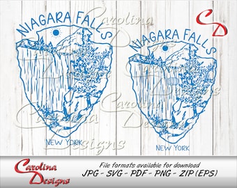 May include: Blue and white illustration of Niagara Falls, New York. The image is a stylized representation of the falls with a tree and a sun in the background. The text "NIAGARA FALLS" is written in a curved arc above the falls. The text "NEW YORK" is written below the falls.