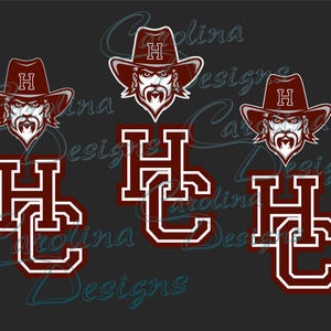 May include: Three red and white letter H and C logos with a cartoon cowboy wearing a red and white hat and a beard. The cowboy has a letter H on his hat.