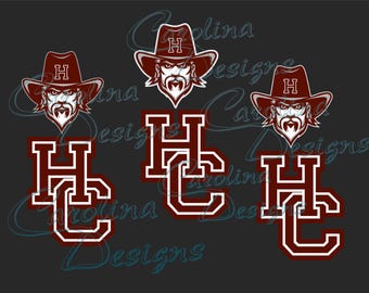 May include: Three red and white letter H and C logos with a cartoon cowboy wearing a red and white hat and a beard. The cowboy has a letter H on his hat.