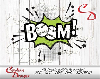 May include: A green and black comic book style graphic with the word "BOOM!" in white letters and two baseballs. The graphic is surrounded by black stars and lines.