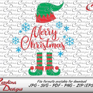 May include: A red and white Christmas elf hat with green boots and the words "Merry Christmas" in red cursive lettering with blue snowflakes.