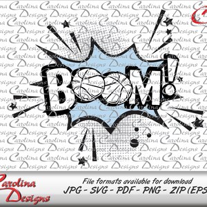 May include: A black and white comic book style illustration of a basketball with the word "BOOM!" in a blue and white speech bubble. The background is a white and gray polka dot pattern.