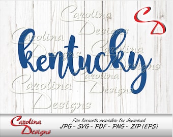 May include: Blue cursive text that reads "kentucky" on a white woodgrain background. File formats available for download: JPG, SVG, PDF, PNG, ZIP (EPS).