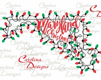 May include: A red and green Christmas lights design in the shape of the state of Maryland with the text "Maryland Christmas" in red cursive lettering.