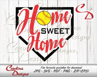 May include: A black and red softball home plate design with a yellow softball in the center. The text "Home Sweet Home" is written in red and black.
