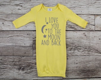 I Love You to the Moon and Back Gender Neutral New Baby Gown - New Baby Coming Home Outfit  - Personalized Baby Knot Hat