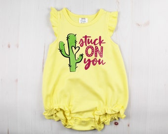 Stuck on You Baby Bubble Romper - Infant Girl Clothes for Spring Cactus Summer Romper - Angel Sleeve Baby Girl Clothes