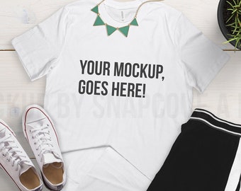 Bella Canvas 3001 | White | Unisex Jersey Short Sleeve Tee Mock-Up | T Shirt Mockup | Wooden Flatlay Shirt Mockup | Feminine Flat Lay MockUp