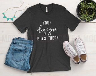 Bella Canvas 3001 T-Shirt | Heather Black | Unisex Jersey Short Tee | T Shirt Mockup | Feminine FlatLay Mockup | Wooden Clean TShirt Mock-Up