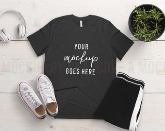 Bella Canvas 3001 | Heather Black | Unisex Jersey Short Sleeve Mock-Up | T Shirt Mockup | Flatlay Shirt Mockup | Feminine Flat Lay Mock-Up