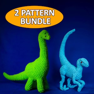 Dinosaur Crochet Pattern Bundle – DIGITAL PDF – Amigurumi brachiosaurus and velociraptor, realistic stuffed dino plushies. Paleontology gift