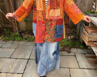 Up-cycled patchwork orange kimono jacket 'Rinat' L-2X,  boho artistic open jacket, Patchwork boho coat