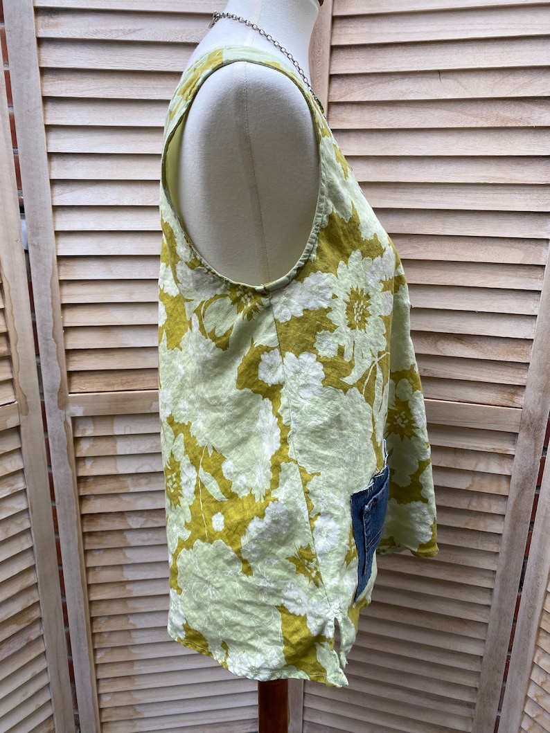 patched boho free form tunic One of a kind. Sleeveless crop lime Green linen top S-M Up-cycled