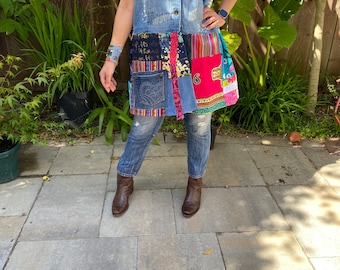 Up-cycled sleeveless colorful duster 'Misty' M-2L, Funky denim patched boho long vest, colorful hippie sleeveless  jacket.