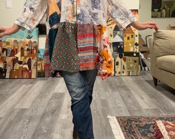 Up-cycled boho floral farm chic loose tunic 'Maddie' L-2X, Boho patchwork  rustic  romantic tunic.