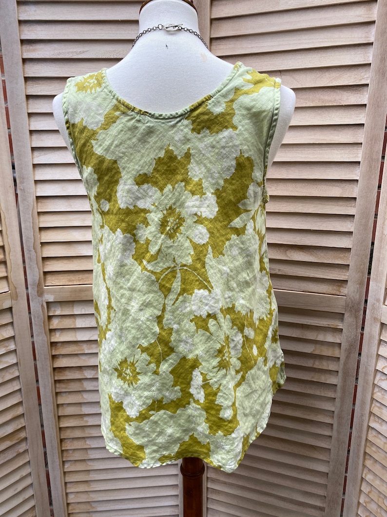 patched boho free form tunic One of a kind. Sleeveless crop lime Green linen top S-M Up-cycled