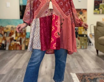 Up-cycled boho floral farm chic loose tunic 'Sheila' L-1X, Boho patchwork  Raspberry romantic tunic.