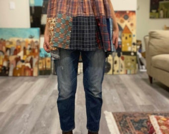 Up-cycled farm chic plaid boho top' Mira' L-XL, patchwork loose cotton ruffled sleeves tunic.