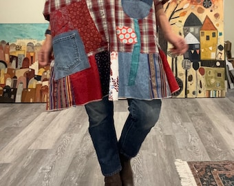 Up-cycled boho  loose plaid duster 'Limor' L-2X, Shabby chic plaid  patchwork tunic.