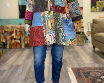 Up-cycled patchwork artisan kimono jacket 'Emerie' L-2X,  boho artistic open jacket, Patchwork boho coat