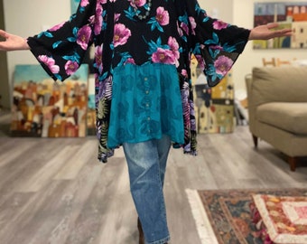 Up-cycled boho farm chic loose tunic 'Maya' L-2X, Boho elegant wide sleeves top , Plus size boho floral top.