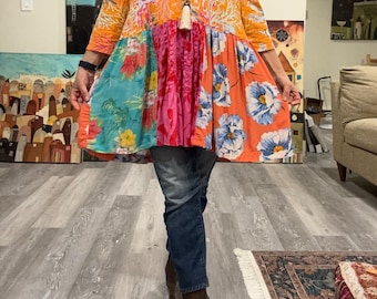 Up-cycled colorful loose tunic 'Ornit' M-XL, boho happy patchwork top.