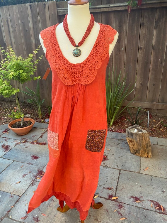 Burnt orange vintage look linen maxi dress size S boho hippie | Etsy