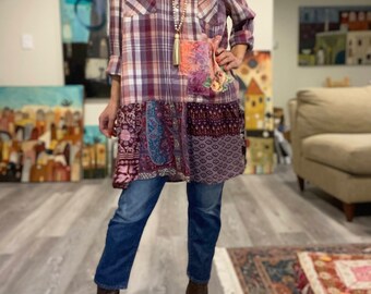 Up-cycled farm chic plaid tunic 'Alon' M-XL, Cottage core patched flannel top, purple plaid loose tunic.