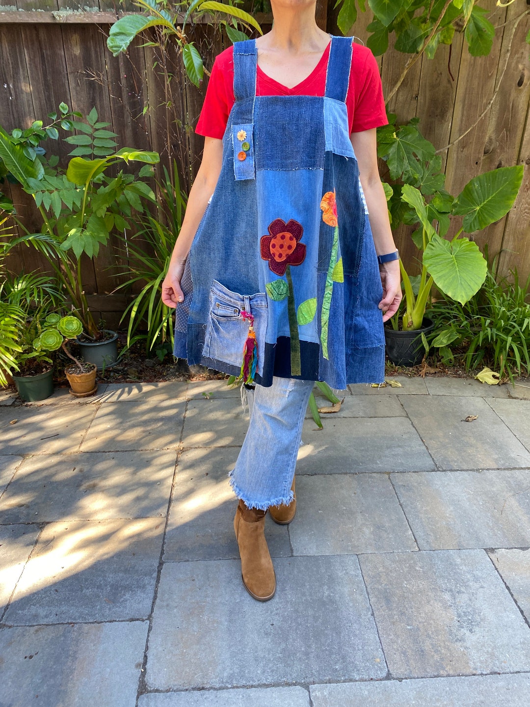 Upcycled Denim Overall Dress 'shani' L2X, Denim Patched Pinafore