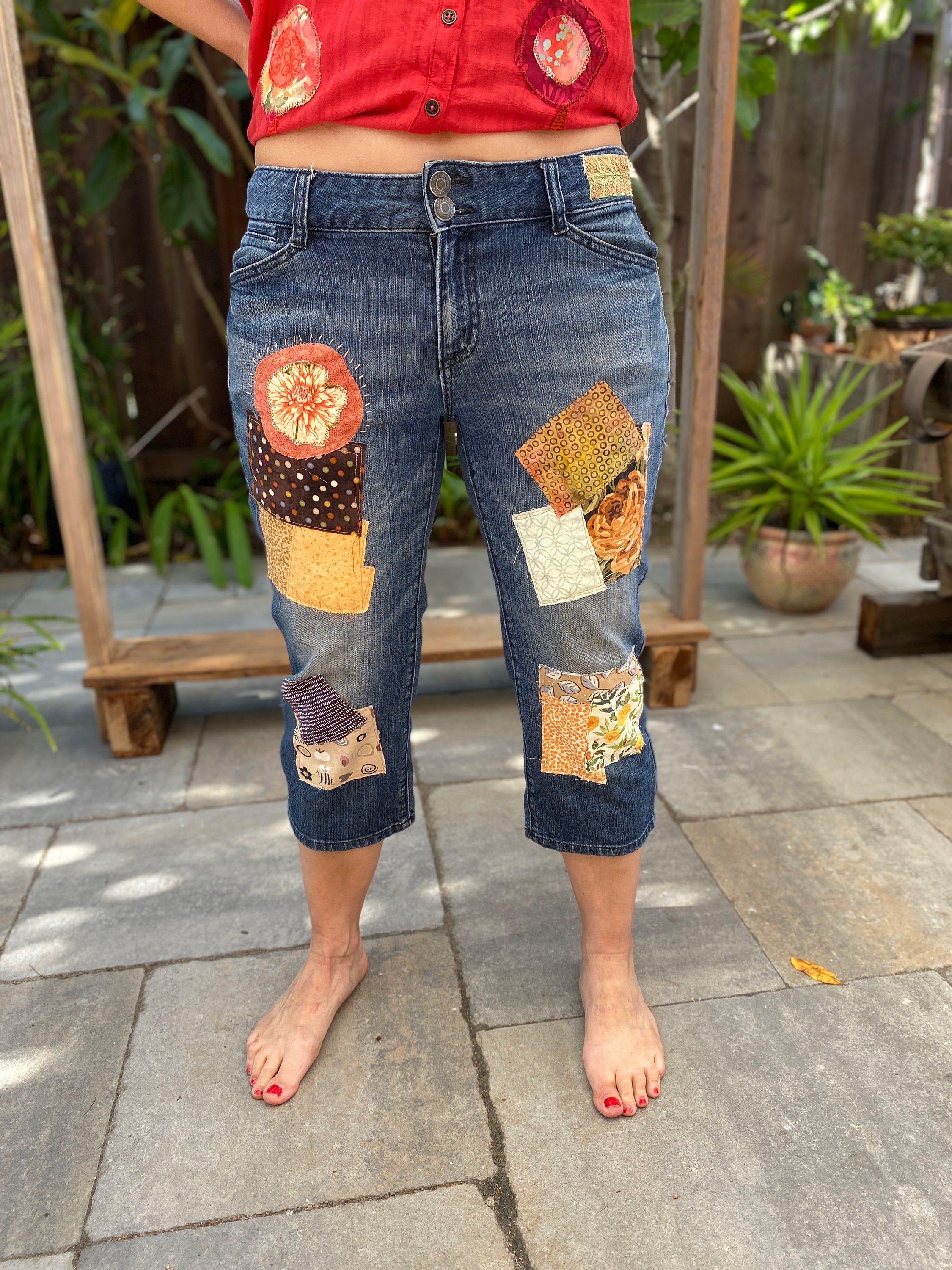 Boho Patched Up-cycled 7/8 Denim 'nas' Size 8, Hippie