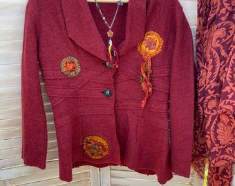 Light fitted wool fall jacket S in red bric color, Repurpose clothing, Up-cycled boho jacket, patched rustic felt jacket.