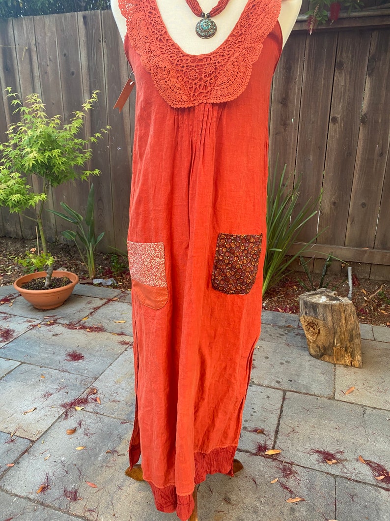 Burnt orange vintage look linen maxi dress size S boho hippie | Etsy