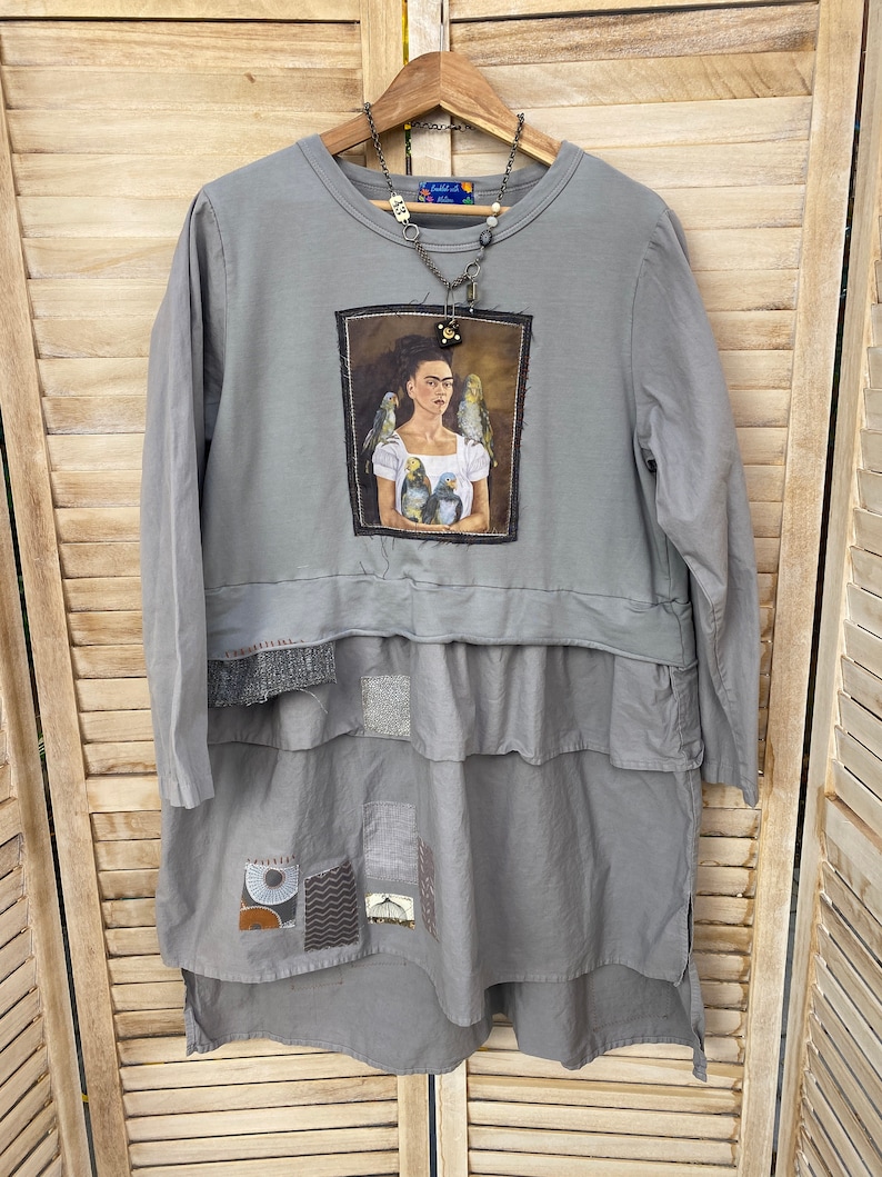lagenlook Layered patched boho Up-cycled dress Frida Kahlo dress. Blumie dotton dress L-XL