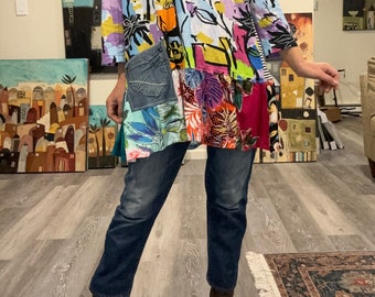 Up-cycled fun boho tunic 'Dolev' M-1X, abstract print colorful loose tunic knit, happy summery wearable art top.
