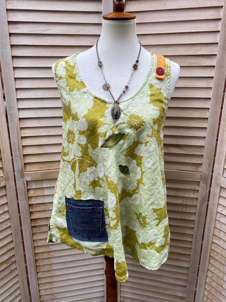 patched boho free form tunic One of a kind. Sleeveless crop lime Green linen top S-M Up-cycled