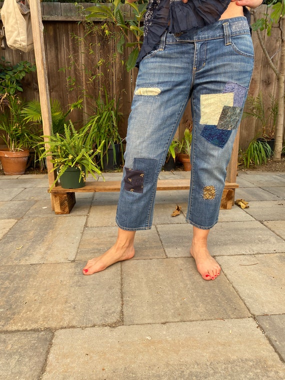 Denim boho 7/8 con toppe, jeans hippie Gap taglia 8, denim riciclato. -   Italia
