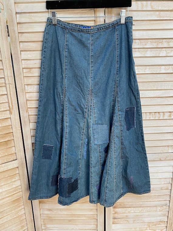 Midi Patched Flare Denim Skirt tamar Size 4 Up cycled Denim