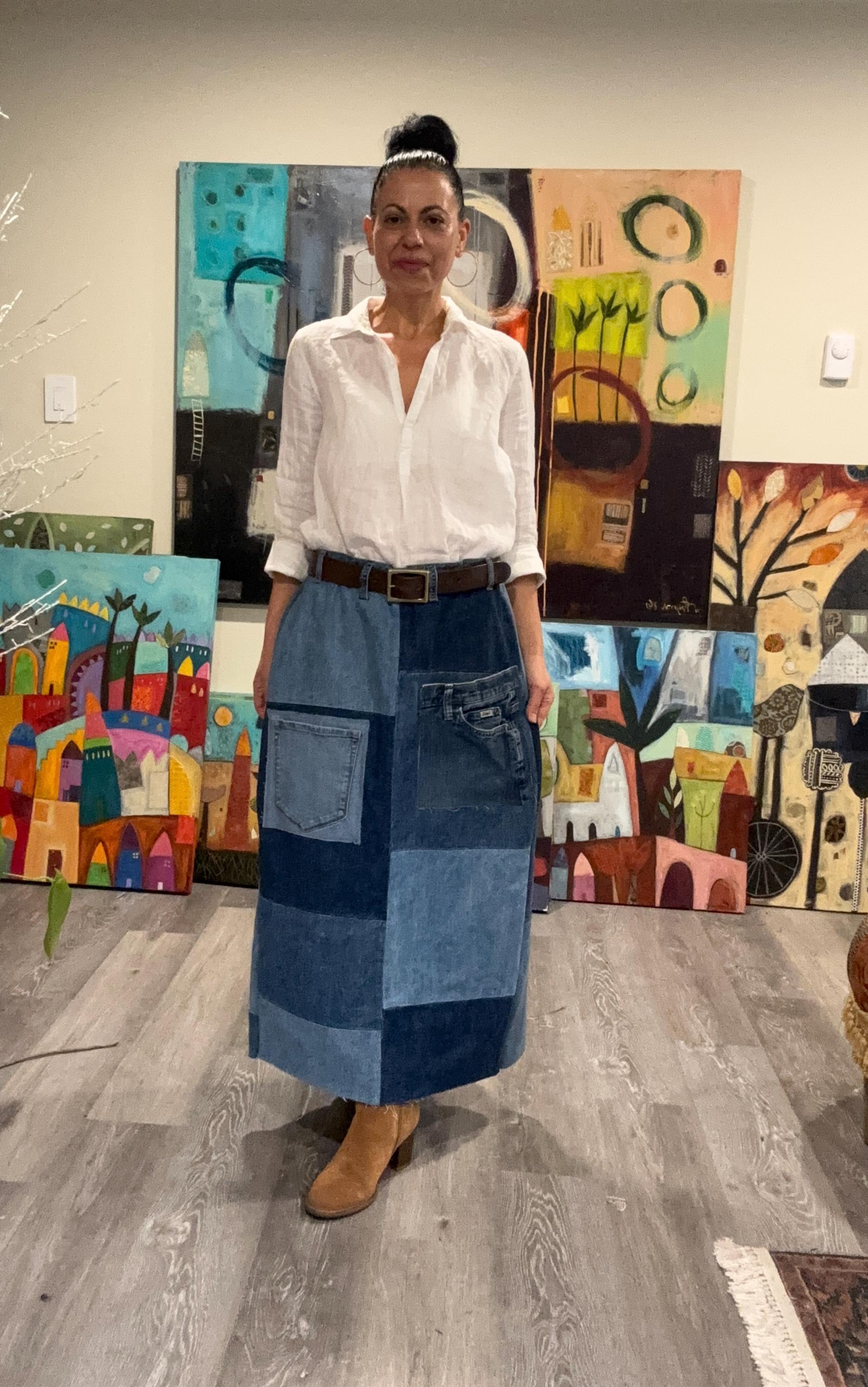 Up-cycled Stretch Denim Skirt 'ramona' Size 18-22, Patchwork Denim
